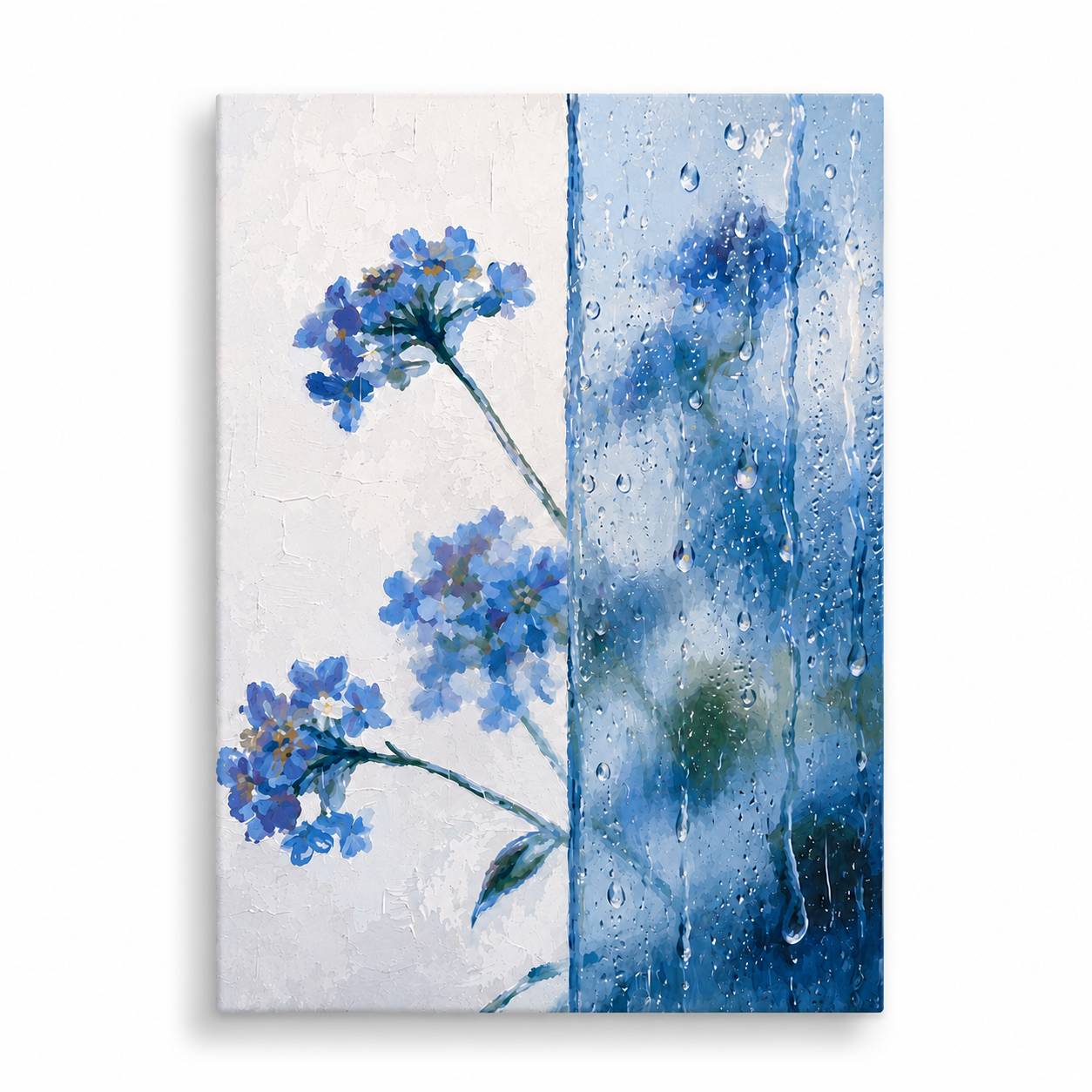 Botanical blooms behind a rainy window