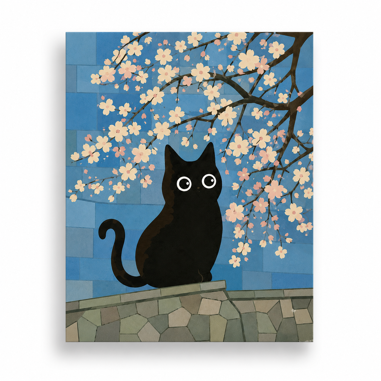 Black cat under cherry blossoms