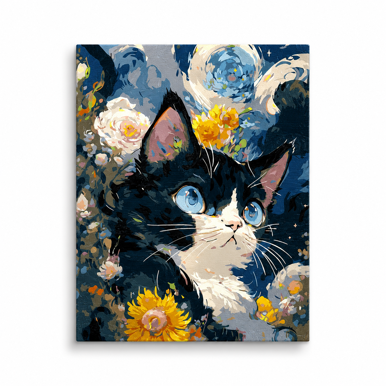 Black and White Cat and Flowers